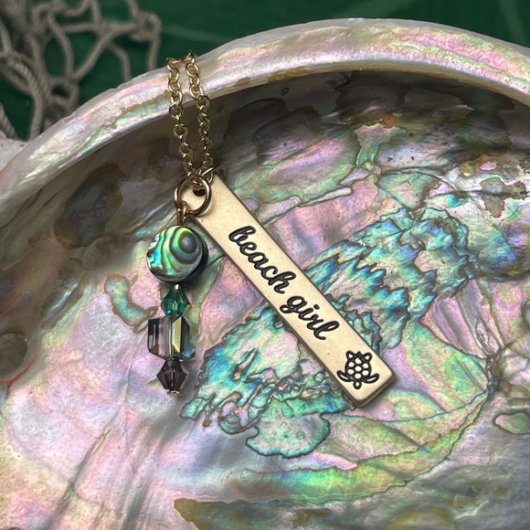 Gold or Silver Stamped BEACH GIRL Pendant w Abalone Shell Crystal Beads Necklace - Picture 1 of 16
